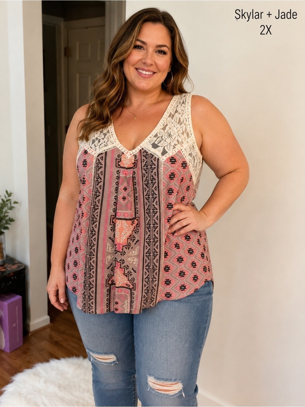 Skylar + Jade Lace Boho Tank Top 2X multi color Sleeveless Plus Size NWT